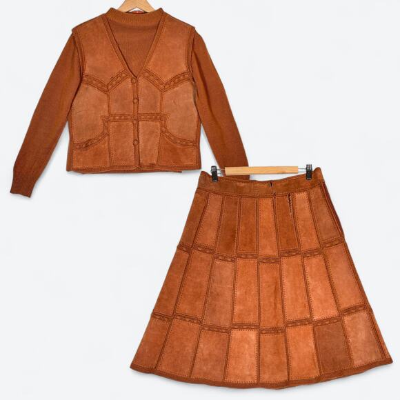 VTG 60s Patchwork Leather Vest, Skirt, Sweater Set Women's M Boho Western Rodeo - Picture 1 of 13